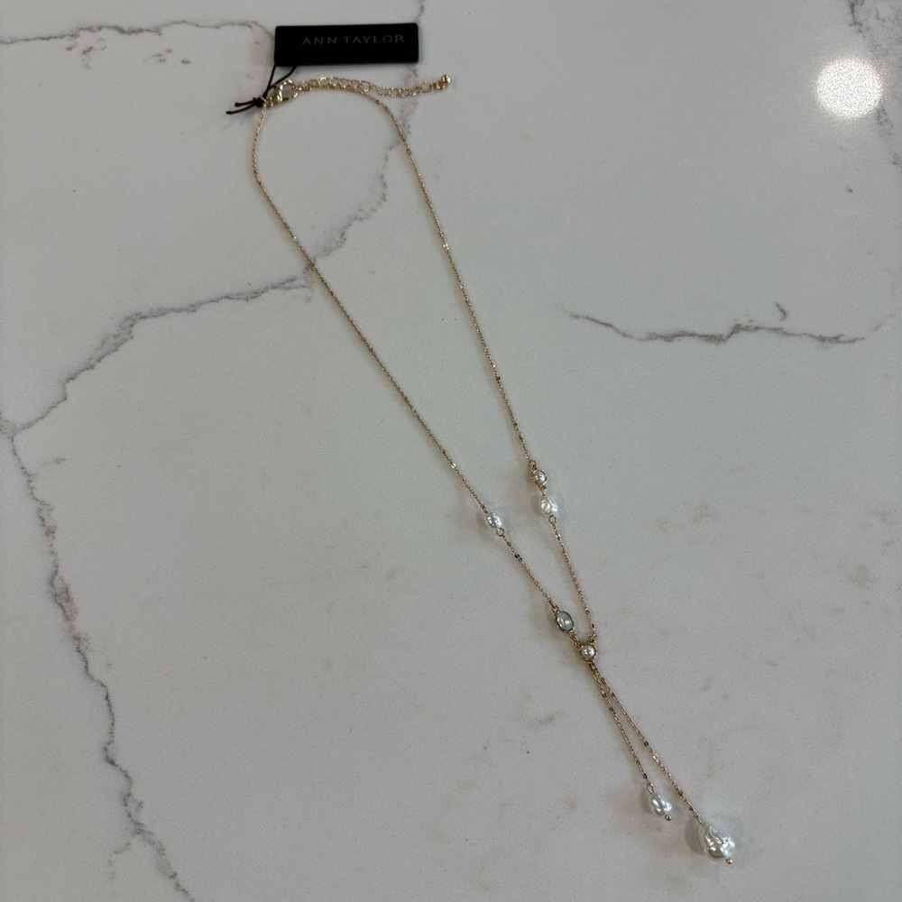 Ann Taylor Gold Delicate Chain Necklace with Pearl Dangle Accents